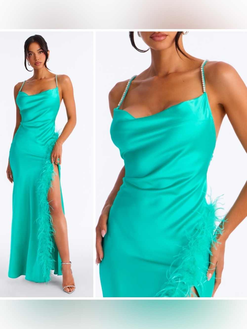 Fashion Nova Turquoise Satin Maxi Dress Feather Trim Slit Prom Gown Size XL NWT
